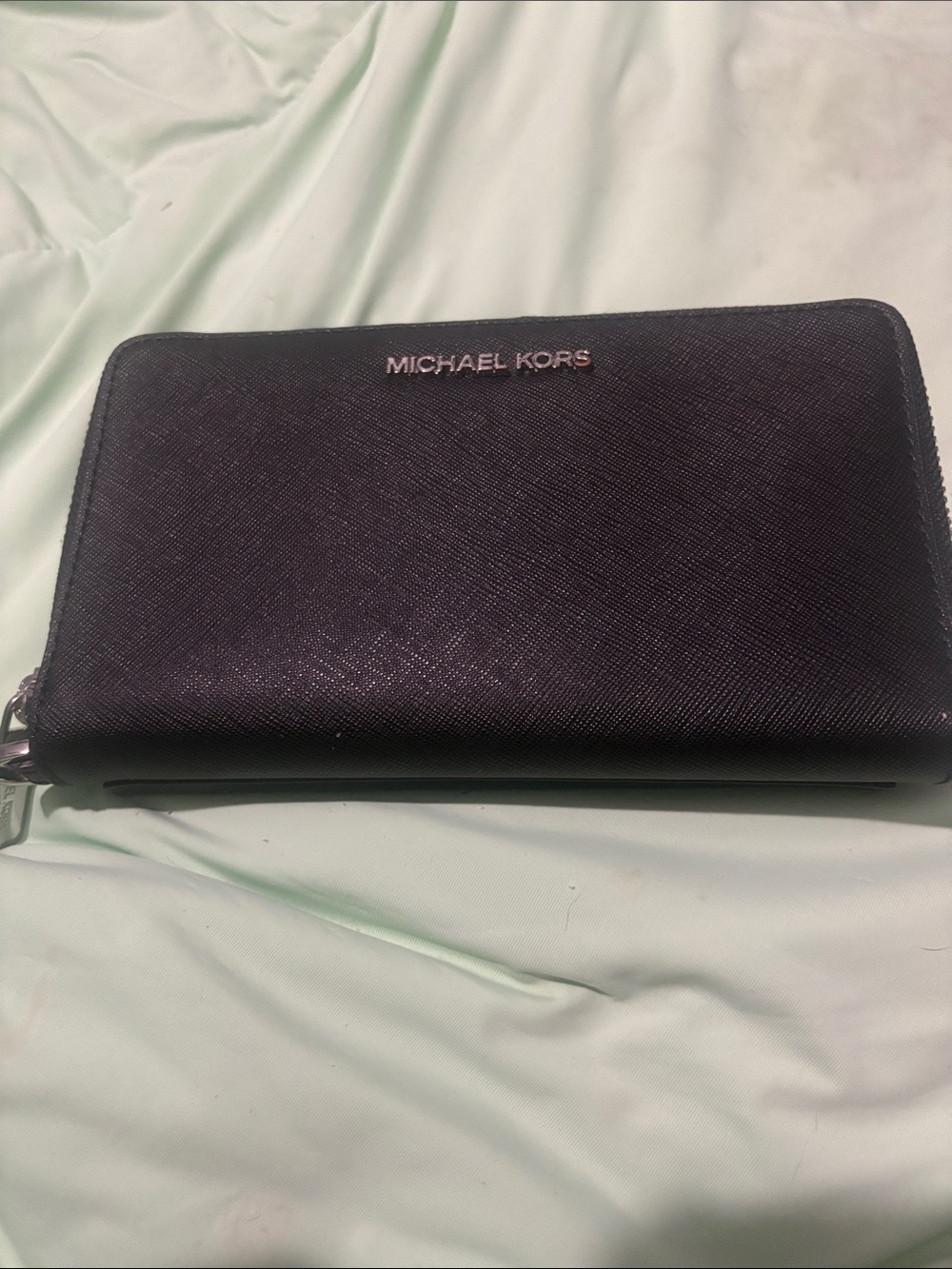 Michael Kors Large Black Continental Saffiano Zip Wristlet with Silver Logo